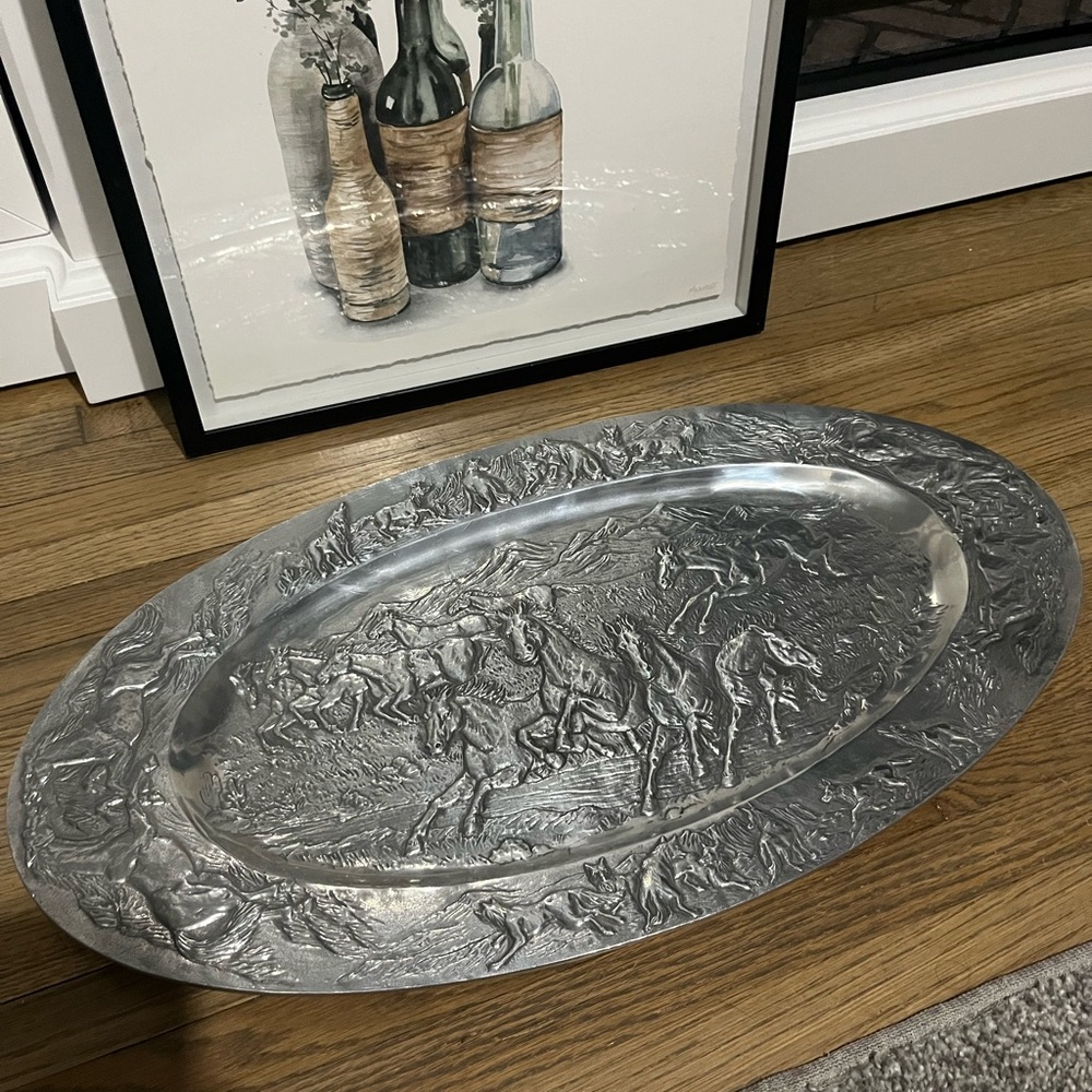 Arthur Court 1989 Horses Wolfs Serving Platter Silver Embossed Oval Tray Vintage